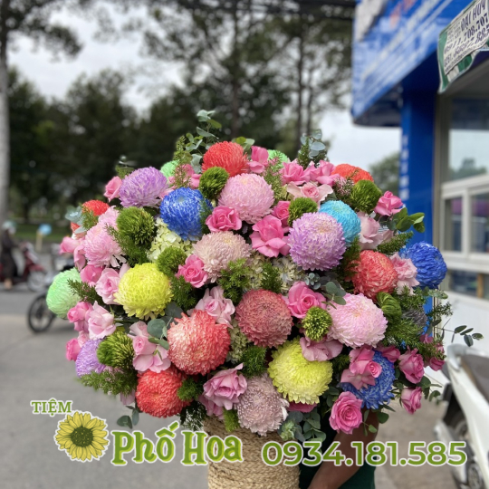 Giỏ cúc mẫu đơn mix hồng